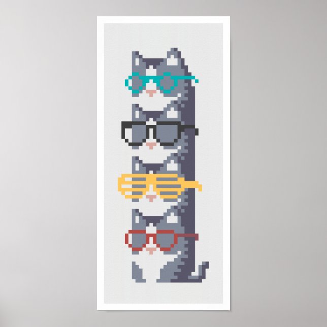 Pôster Mini Gatos Nos Óculos Pilha Arte De Pixel (Frente)