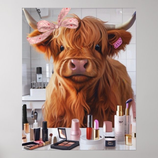Poster Mini Highland Cow Pink Ribbon & Beauproducts (Frente)