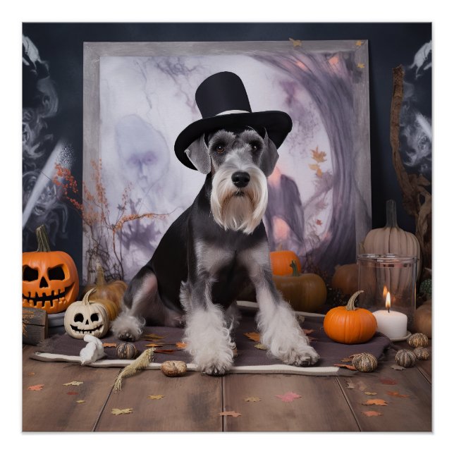 Pôster Miniatura Schnauzer Pumpkins Halloween Assustado (Frente)