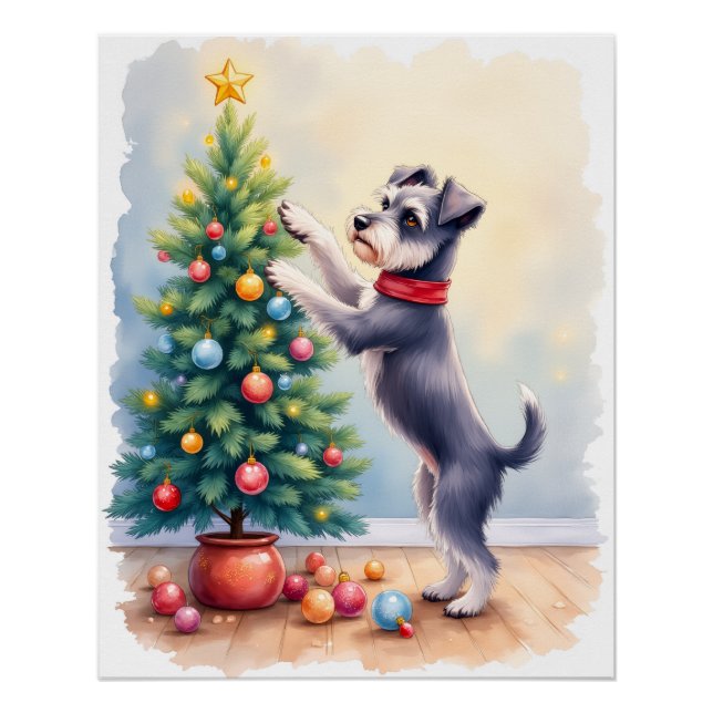 Pôster Miniature Schnauzer Decorating Christmas Tree Dog  (Frente)