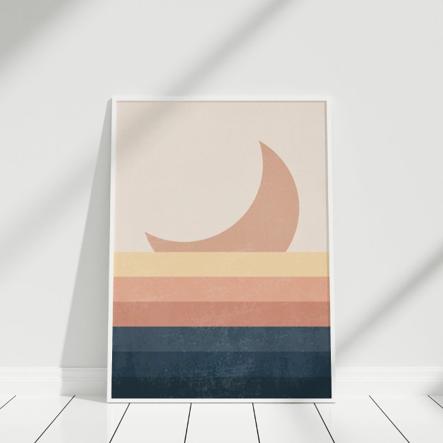 Poster Mínima Abstrato Lua e Oceano (Minimalist Abstract Moon and Ocean Poste in a white frame.)