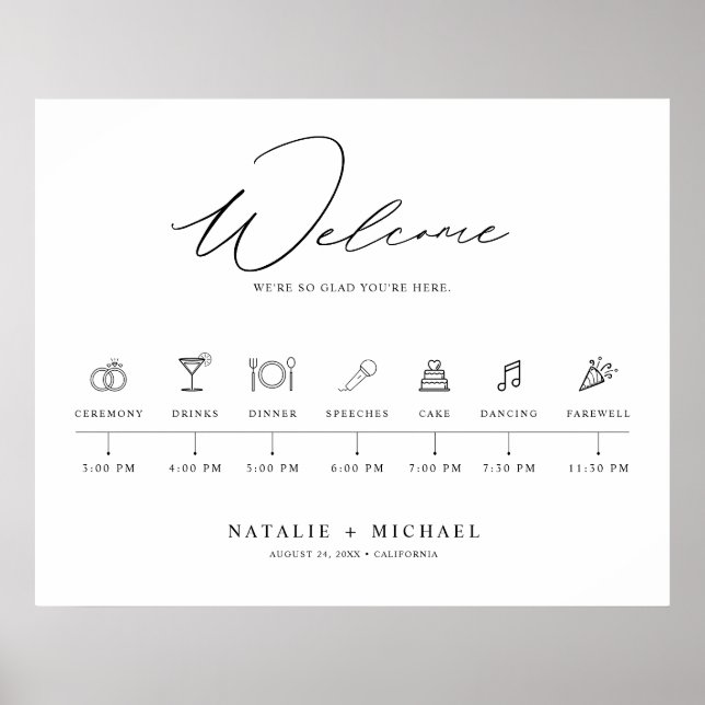 Poster Minimal Elegant Wedding Welcome Sign with Timeline (Frente)