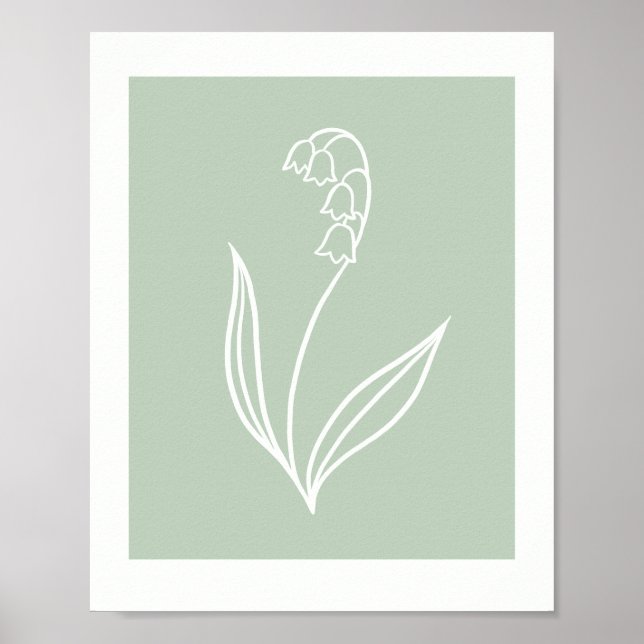Poster Minimal Lily of the Valley Line Art on Sage Green  (Frente)