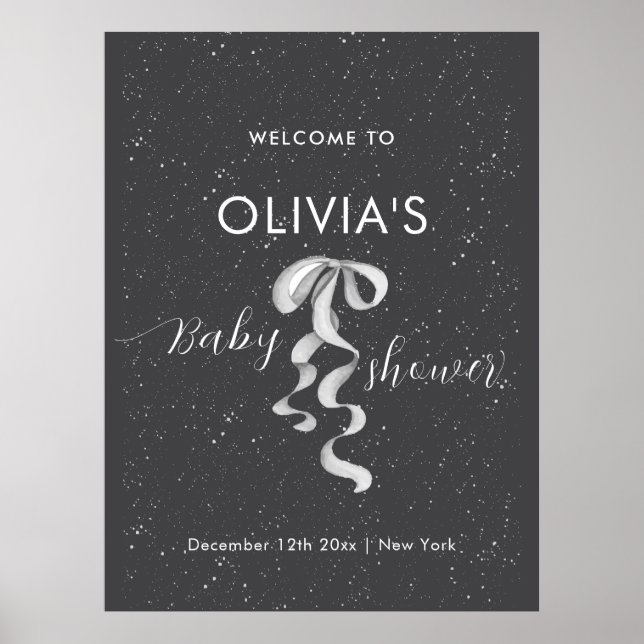 Poster Minimal Silver Bow Winter Snow Baby Shower Welcome (Frente)