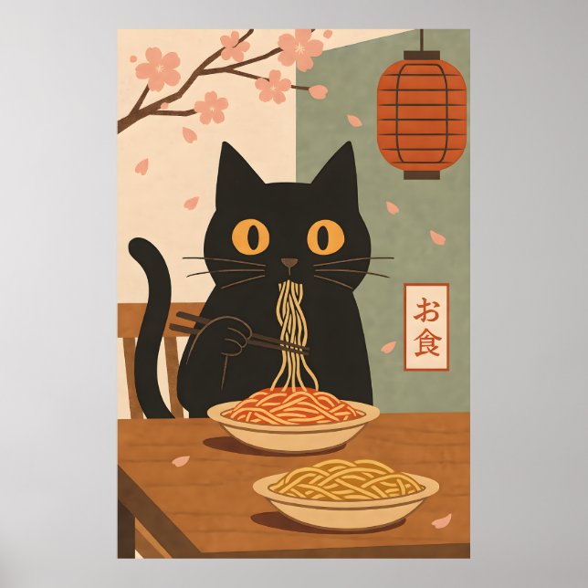 Poster Minimalist Black Cat Eating Spaghetti Japanese Art (Frente)