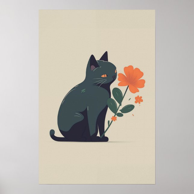 Poster Minimalist Black Cat Flower  (Frente)