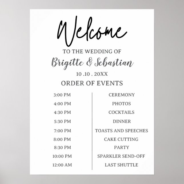 Poster Minimalist Black & White Wedding Welcome Timeline (Frente)