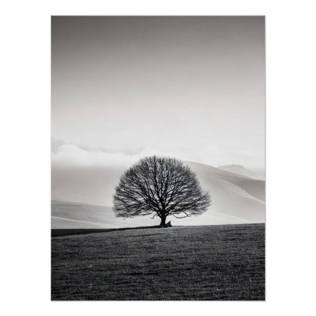 Pôster Minimalist Solitary Tree Landscape | Black & White (Frente)
