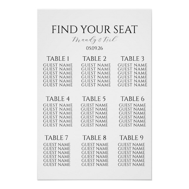 Pôster Minimalist Wedding Seating Chart | Custom Modern  (Frente)
