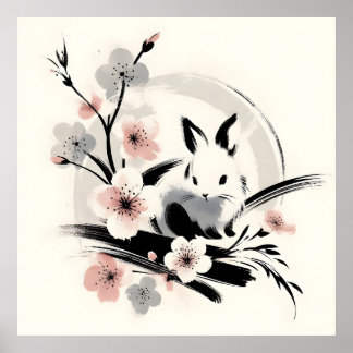 Poster Minimalist Zen Ink Bunny Cherry Blossoms