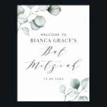 Poster Minimalista Aquarela Eucalyptus Bat Mitzvah<br><div class="desc">Envie obrigados com este sinal de boas-vindas personalizável do morcego mitzvah verde. Apresenta ilustrações aquáticas de folhas de eucalipto verdes empoeiradas e uma escrita caprírica. Personalize adicionando seus detalhes. Este sinal de boas-vindas do morcego de eucalipto mitzvah é perfeito para qualquer tema ou estação.</div>