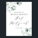 Poster Minimalista Aquarela Eucalyptus Bat Mitzvah<br><div class="desc">Envie obrigados com este sinal de boas-vindas personalizável do morcego mitzvah verde. Apresenta ilustrações aquáticas de folhas de eucalipto verdes empoeiradas e uma escrita caprírica. Personalize adicionando seus detalhes. Este sinal de boas-vindas do morcego de eucalipto mitzvah é perfeito para qualquer tema ou estação.</div>