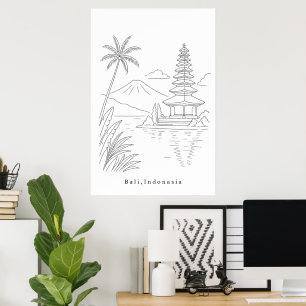 Poster Minimalista Bali Indonésia Arte de Linha Impressa