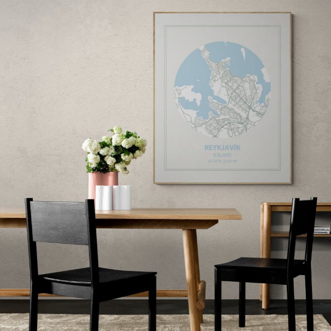 Poster Minimalista Pastel Blue Map Art Reykjavik Islândia (Criador carregado)