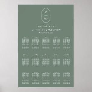 Poster Mínimo de Monograma Sage Green Wedding Seating Cha