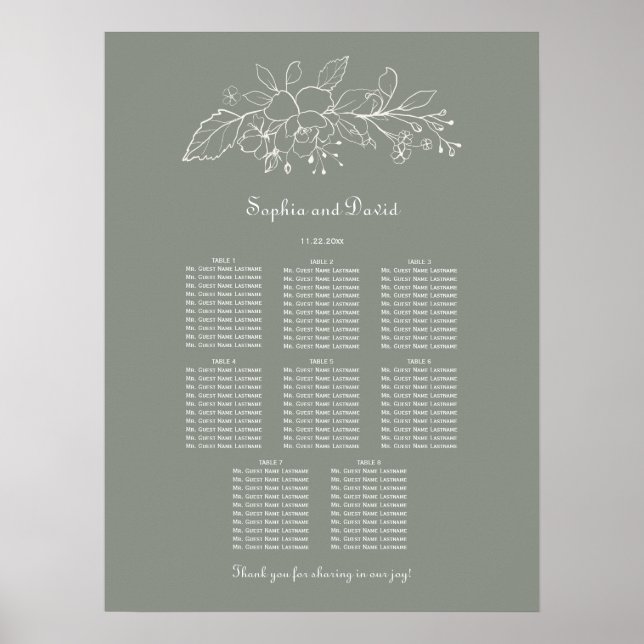 Poster Mínimo de Sage Green 8 Mesas - Gráfico de Casament (Frente)