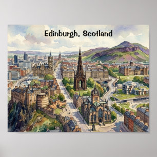 Poster Mínimo Edimburgo Escócia Vista da Cidade Aquarela