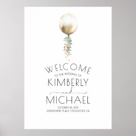 Poster Mínimo Elegante Dourado Balão e Casamento Verde