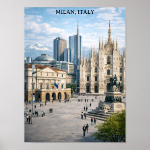 Poster Mínimo Milão Itália Vista da Cidade Pontos Turísti