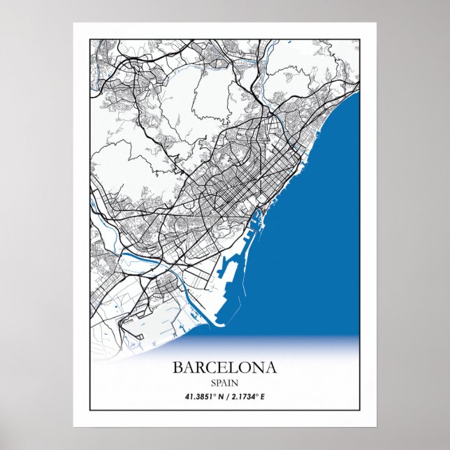 Poster Mínimo Simples de Mapa de Cidade Espanha de Barcel (Frente)