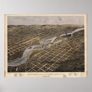 Pôster Minneapolis 1867 & St Paul, mapa panorâmico do