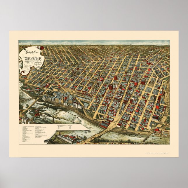 Pôster Minneapolis, Mapa Panorâmico MN - 1891 (Frente)