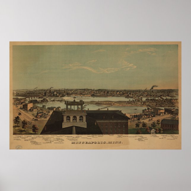 Pôster Minneapolis Minnesota 1874 Mapa Panorâmico Antiqua (Frente)