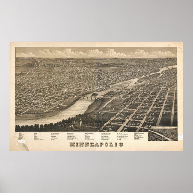 Pôster Minneapolis Minnesota 1879 Mapa Panorâmico Antiqua (Frente)