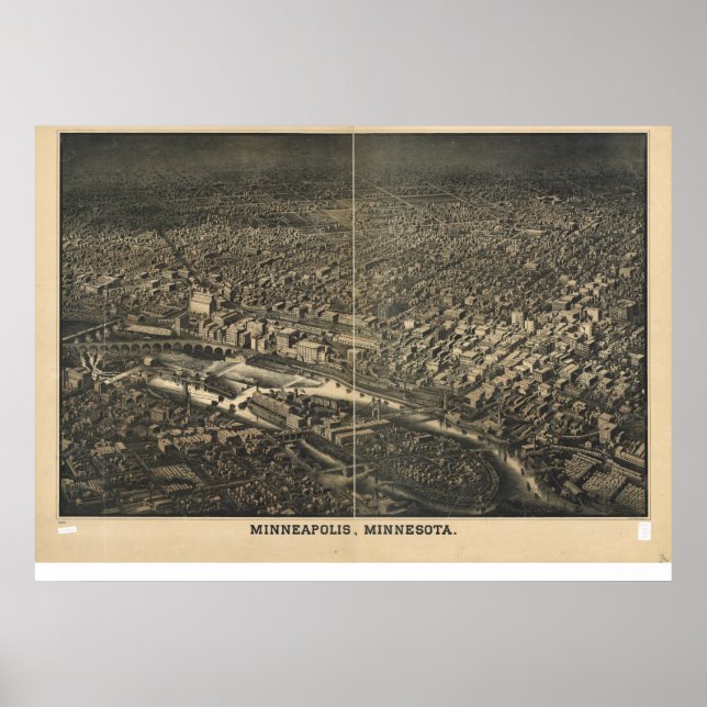 Pôster Minneapolis Minnesota 1885 Mapa Panorâmico Antiqua (Frente)