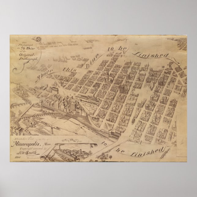 Pôster Minneapolis Minnesota 1891 Mapa Panorâmico Antiqua (Frente)