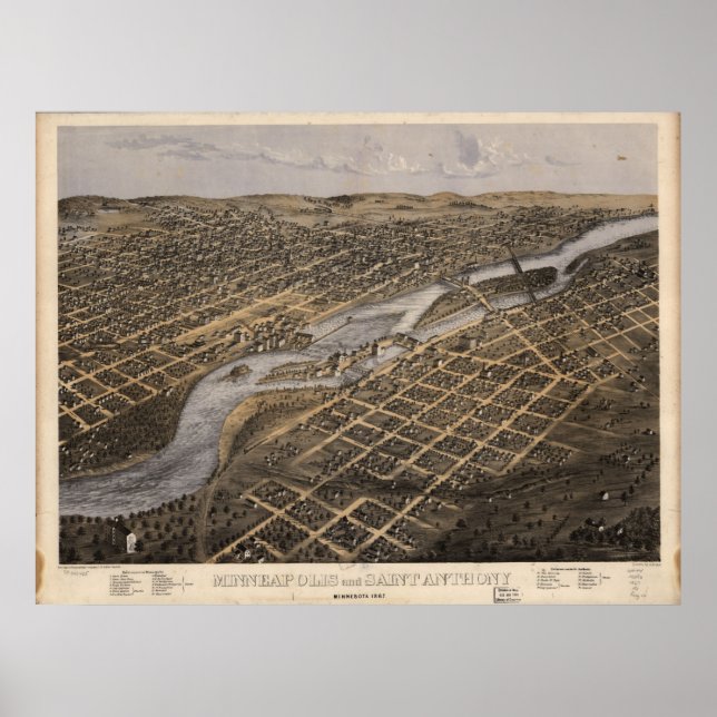 Pôster Minneapolis & Ruas de 1867. Paul , Mapa Panorâmico (Frente)