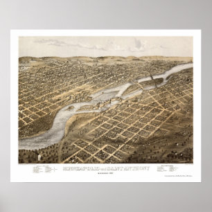 Pôster Minneapolis & St Anthony, mapa panorâmico do