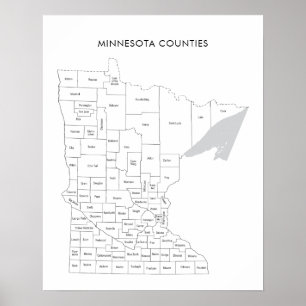 Poster Minnesota Counties mapeia com nomes de condados