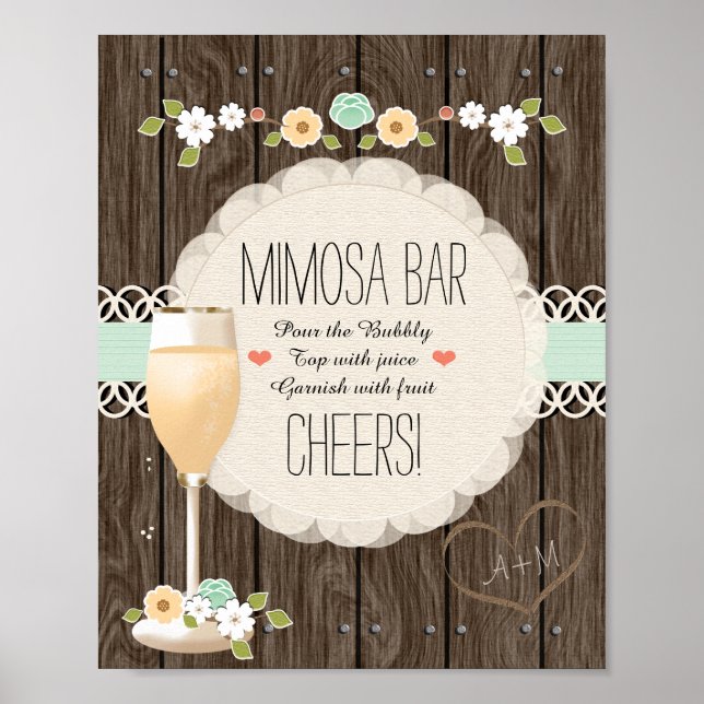 Poster Mint Boho Rustic Weding Chá de panela Mimosa Bar (Frente)