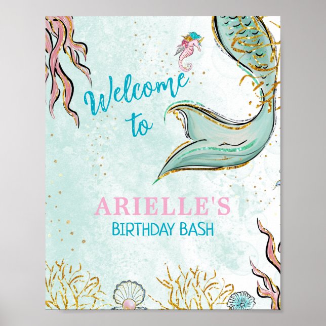 Poster Mint Glitter Mermaid tail under the sea Welcome  (Frente)