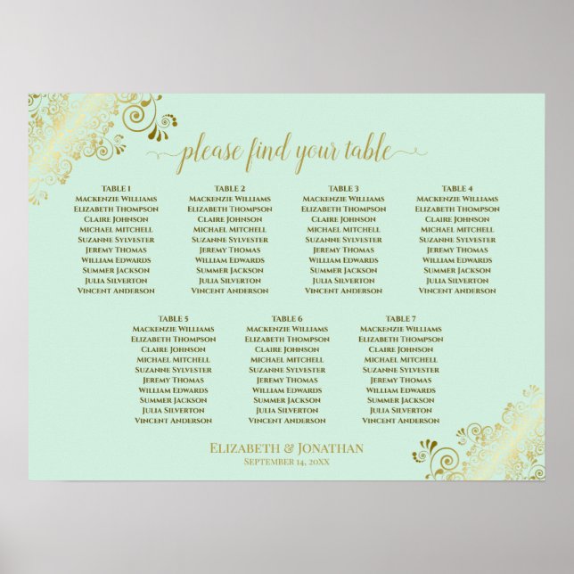 Poster Mint Green & Dourado 7 Mesa: Gráfico de Casamento (Frente)