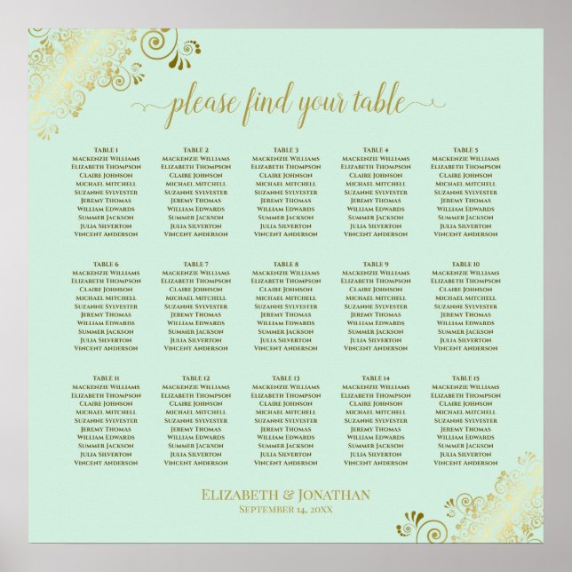 Poster Mint Green & Gold 15 Table Wedding Seating Chart (Frente)
