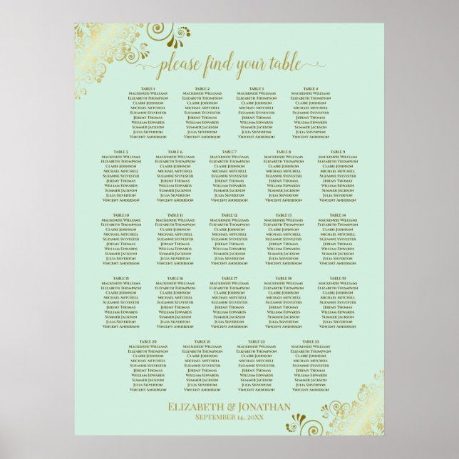 Poster Mint Green & Gold 23 Table Wedding Seating Chart (Frente)