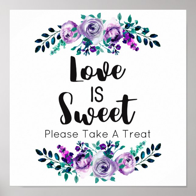 Poster Mint & Purple Floral Wedding Love é Sweet (Frente)