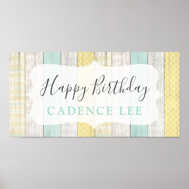 Poster Mint & Yellow Rustic Cottage Wood Happy Birday (Frente)