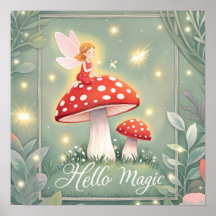 Minúscula fada empoleirada no topo de um cogumelo