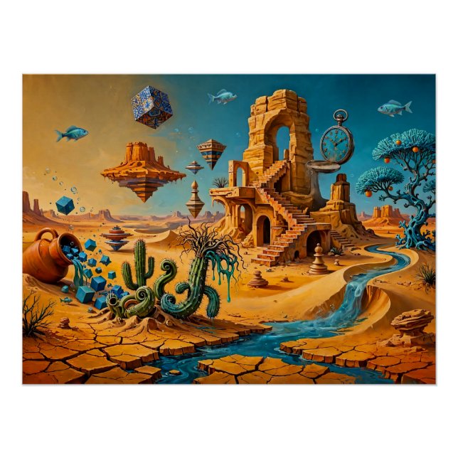 Pôster Miragem do Deserto Ocre Laranja Azul Teal (Frente)