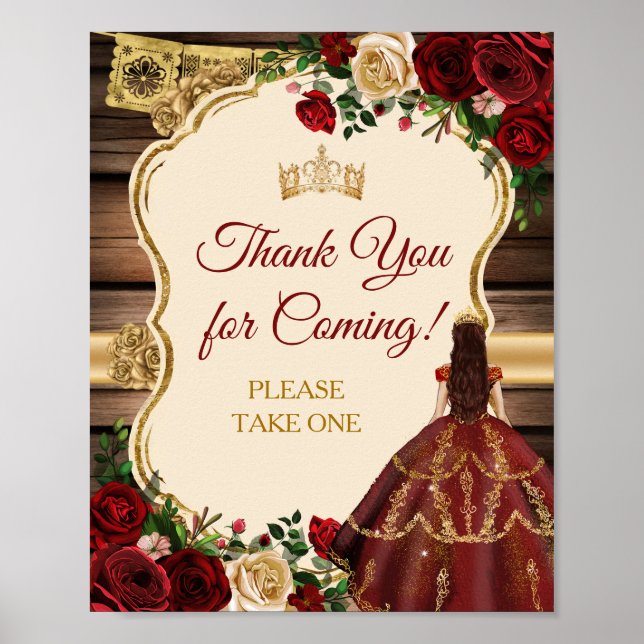 Poster Mis Quince Burgundy Floral Russo Obrigado Sinal (Frente)