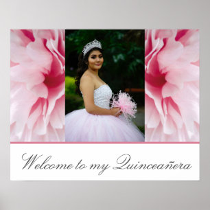 Poster Mis Quince Pink Floral Bem-vindo à minha Quinceañe