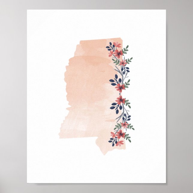 Poster Mississippi Floral Watercolor State (Frente)