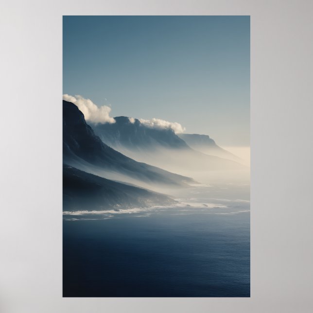 Poster Mist-Covered Coastal Mountains Sunrise Glow (Frente)