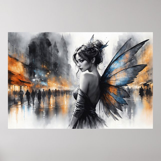 Poster Misteriosa fada negra cidade brilhando asas etérea (Frente)