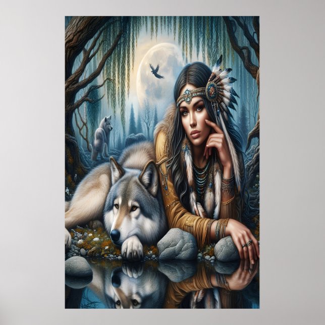 Poster Mística De Uma Mulher Americana Nativa Com Lobos 2 (Frente)