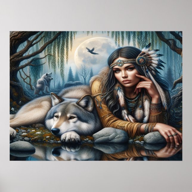 Poster Mística De Uma Mulher Americana Nativa Com Lobos 2 (Frente)