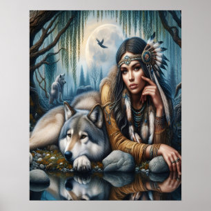 Poster Mística Uma Mulher Americana Nativa Com Lobos 16x2